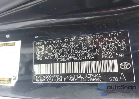 2011 Toyota Corolla Le из США, поврежденный, VIN JTDBU4EE5BJ091269